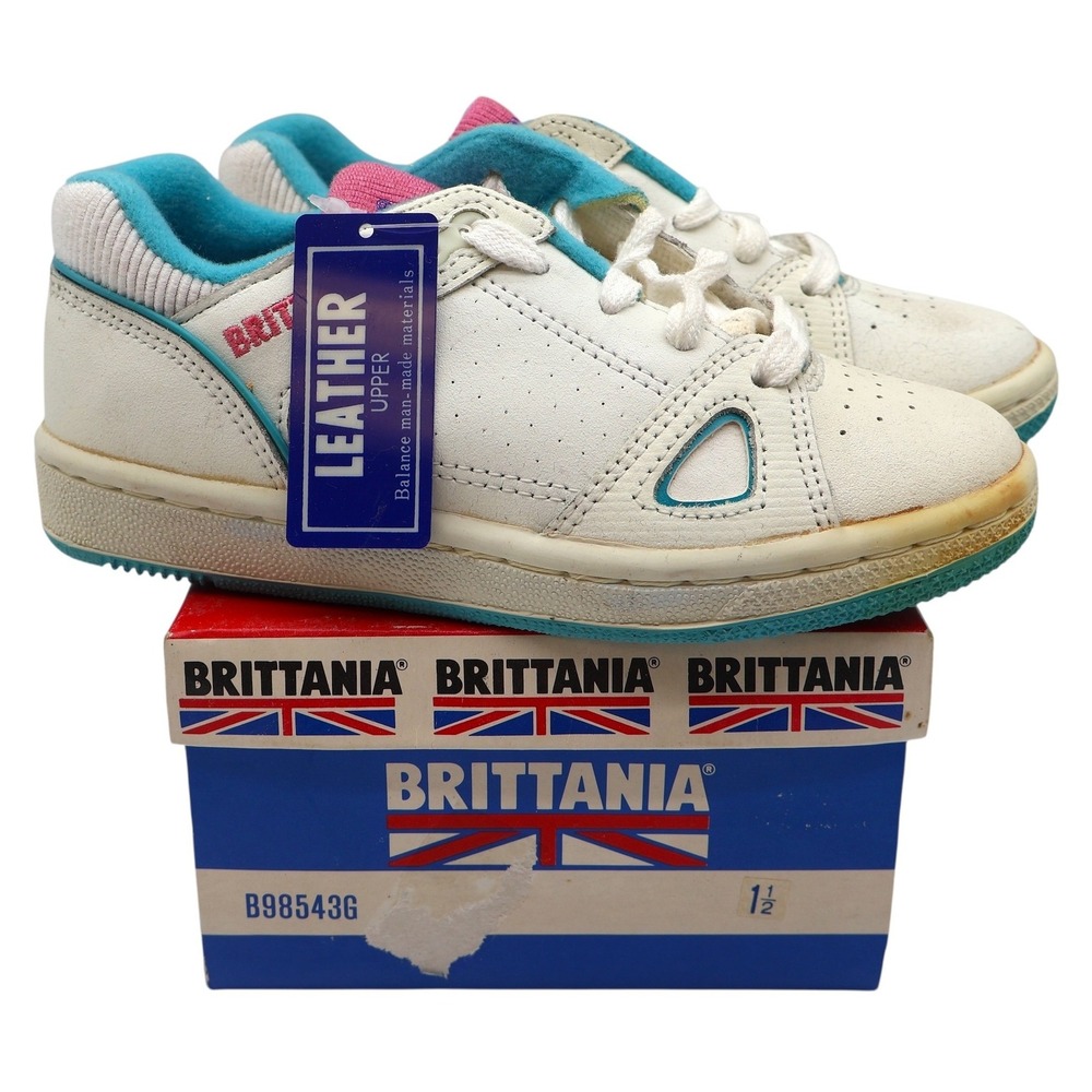 Brittania Sneakers Kids Size 1.5 Vintage 80s White Leather Teal Pink B98543G